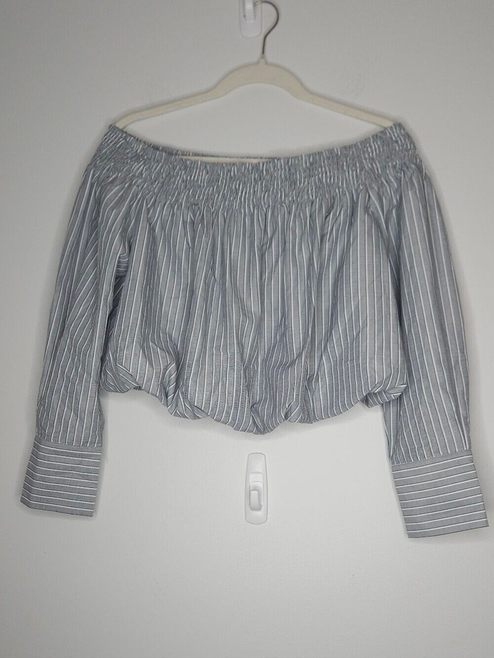 Lumiere Gray White Pinstripe Off-Shoulder Blouse